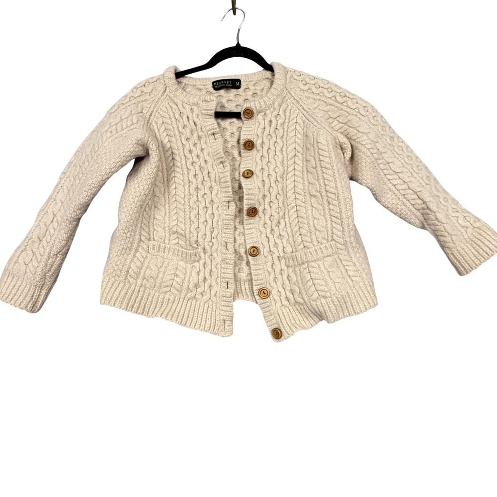 Blarney Woollen Mills Cardigan Sweater Womens Medium White Cable Knit Aran‎ Wool